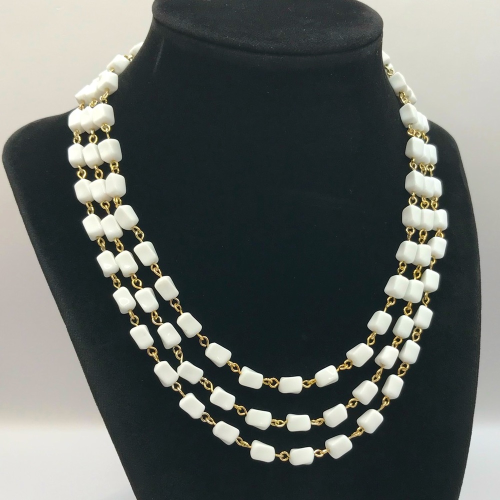 Vintage Japan Acrylic White Bead and Silver-Tone Triple Layered Necklace